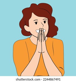 Thankfulness and good attitude concept. Young smiling female wearing red jacket standing with crossed hands on breast feeling thankful vector illustration.