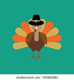 Thankgiving Day Turkey On The Green Background. Vector Illustration