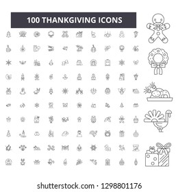 Thankgiving Editable Line Icons, 100 Vector Set, Collection. Thankgiving Black Outline Illustrations, Signs, Symbols