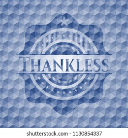 Thankless blue emblem or badge with abstract geometric pattern background.