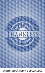 Thankless blue emblem or badge with abstract geometric pattern background.