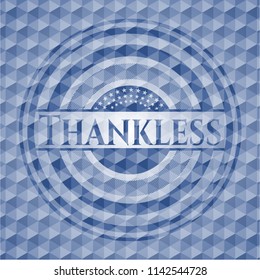 Thankless blue emblem with geometric background.