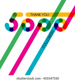Thanks 5000 follower, vector banner, badge or poster for blogs and social networks. Color card with numbers for followers, subscribers and friends. Trendy blog label.