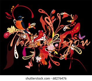 Thanks and  abstract pattern with flowers,butterflies and bird