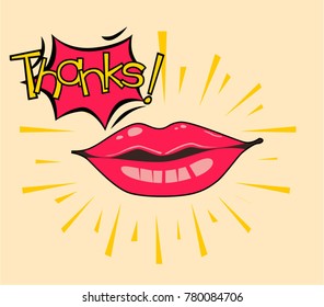 Thanks, Beautiful greeting card poster with comic lips pop art style