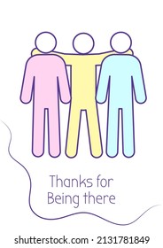 Thanks for being here greeting card with color icon element. Appreciation. Postcard vector design. Decorative flyer with creative illustration. Notecard with congratulatory message on white