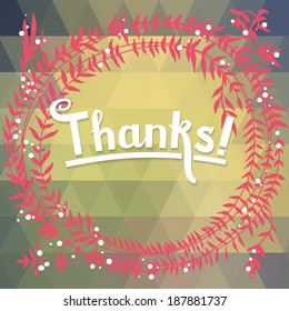 "Thanks" card background. branch with berries on a background of geometric pattern