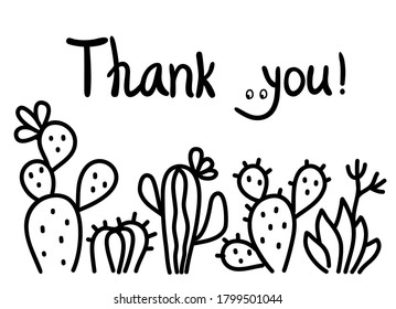 Thanks card with cute Cactus succulent and text. Hand draw black graphic background illustration on white