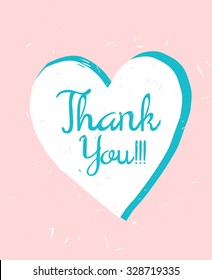 Thanks card, hand drawn ink white heart on pink background. Vector