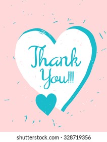 Thanks card, hand drawn ink white heart on pink background. Vector
