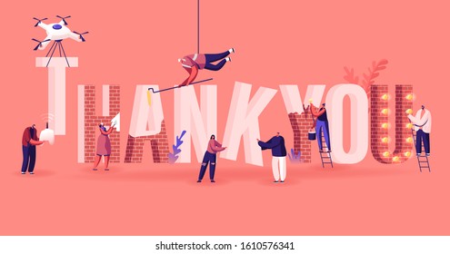 Thanks Concept. Male and Female Characters Set Up, Painting and Decorate Huge Word Thank You Made of Red Bricks. Gratitude Typography Poster Banner Flyer Brochure. Cartoon Flat Vector Illustration