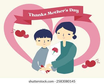 Thanks Mother’s Day. A boy is having a red carnation bouquet to give him mother. 