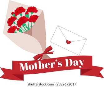 Thanks Mother’s Day. Red carnation bouquet and letter.