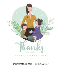 Thanks dear teacher. November 24, Teacher's Day. Cartoon, vector, books, study, flower, woman.