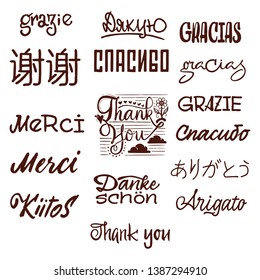 Thanks in different languages, calligraphy lettering handmade