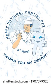 Thanks to the doctor. Greeting card. Happy tooth and dentist with a mirror in hand.  World map and dentist tools background. Vector illustration.