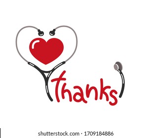 Thanks doctor and nurse concept. Stethoscope medical instrument, red heart shape vector icon. 