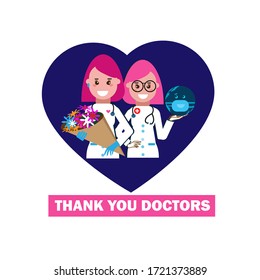 Thanks to the doctors. Beautiful women doctors save the planet. Vector flat illustration
