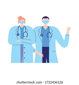 thanks doctors nurses, female and male physician with protective mask medical vector illustration