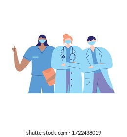 thanks doctors nurses, female and male physician nurse with mask medical report vector illustration