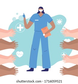 thanks, doctors, nurses, female nurse with mask and hands greeting vector illustration