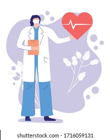 thanks, doctors, nurses, female physician with mask and heartbeat medical help vector illustration