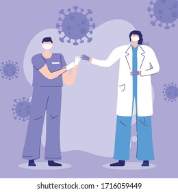 thanks, doctors, nurses, female physician and nurse with medical gloves and masks vector illustration