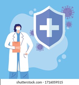 thanks, doctors, nurses, female physician with medical report and shield protection vector illustration