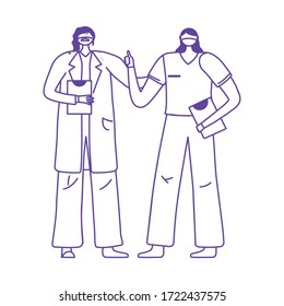 thanks doctors nurses, female physician and nurse with medical gloves and masks vector illustration