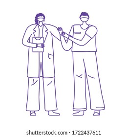 thanks doctors nurses, female physician and nurse with medical gloves and masks vector illustration