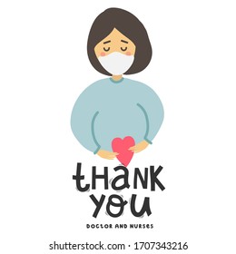 Thanks to the doctors and nurses for the fight against covid-19. You are heroes. Vector illustration of a doctor, resuscitator, therapist, ambulance in a mask. Drawing and typography 