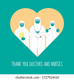 Thanks to the doctors and nurses flat vector illustration.Medical staff wear dress PPE