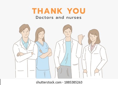 Thanks to doctors and nurses for helping people. Fight against corona viruses. Hand draw style. Vector illustration.