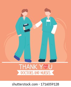 thanks, doctors, nurses, male and female nurses with uniform characters vector illustration