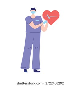 thanks doctors nurses, male nurse with heartbeat medical support vector illustration