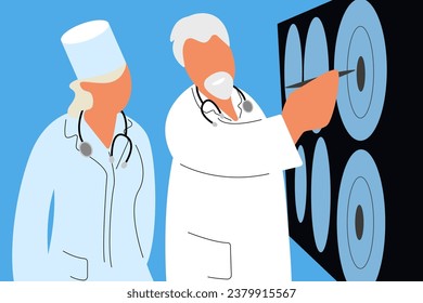 Thanks to the doctors, nurses, the medical staff team and all the heroes of healthcare of all nationalities and races. The doctor shows the X-ray to the medical staff
