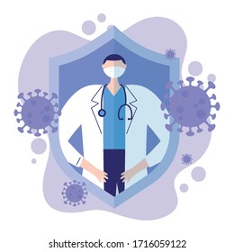 thanks, doctors, nurses, physician with medical mask stethoscope heart protection caharacter vector illustration