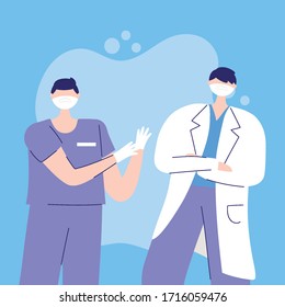 thanks, doctors, nurses, physician and nurse male characters with medical mask vector illustration