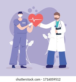 thanks, doctors, nurses, physician and nurse with heartbeat medical support vector illustration