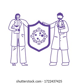 thanks doctors nurses, physicians female and male character protection coronavirus covid 19 vector illustration