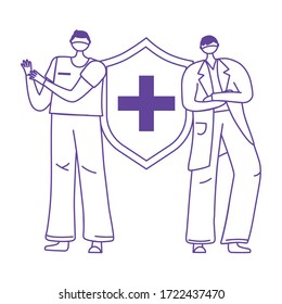 thanks doctors nurses, physicians with medical mask protection vector illustration