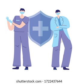 thanks doctors nurses, physicians with medical mask protection vector illustration