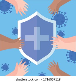 thanks, doctors, nurses, shield protection hands support medical coronavirus covid 19 pandemic vector illustration