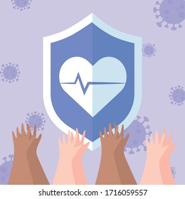 thanks, doctors, nurses, shield protection hands support medical coronavirus covid 19 pandemic vector illustration