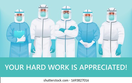 Thanks to the doctors and nurses. Your hard work is appreciated. Medical personnel in protective suits, medical glasses and masks. The fight against coronavirus. Vector illustration in cartoon style