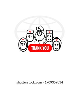 Thanks to the doctors. A team of doctors against the background of the globe. Doctors save lives. Vector flat illustration