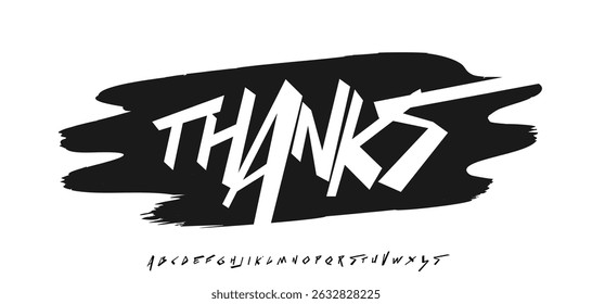 Thanks in dynamic brush lettering with graffiti grunge flair. Energetic underground style great for punk designs, streetwear, or rebellious merch. Vector illustration.