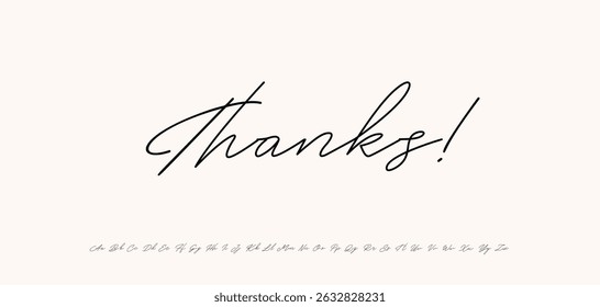 Thanks in elegant modern calligraphy style. Handwritten cursive lettering perfect for wedding stationery, romantic notes, luxury brand visuals. Vector illustration.