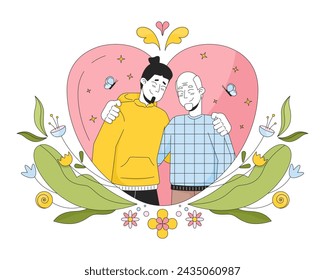 Thanks father day 2D linear illustration concept. Closeness hugs father son older caucasian cartoon characters isolated on white. Good warm moment metaphor abstract flat vector outline graphic