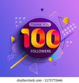 Thanks for the first 100 followers. Thank you followers congratulation card. Vector illustration for Social Networks. Web user or blogger celebrates a large number of subscribers.